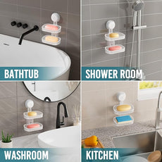 TAILI Double Layer Soap Dish Holder Suction Cup, Strong Sponge Holder for Shower, No Tools Soap Saver for Bathroom, Tub and Kitchen Sink, Shower Accessories, Drill-Free, Removable,Clear