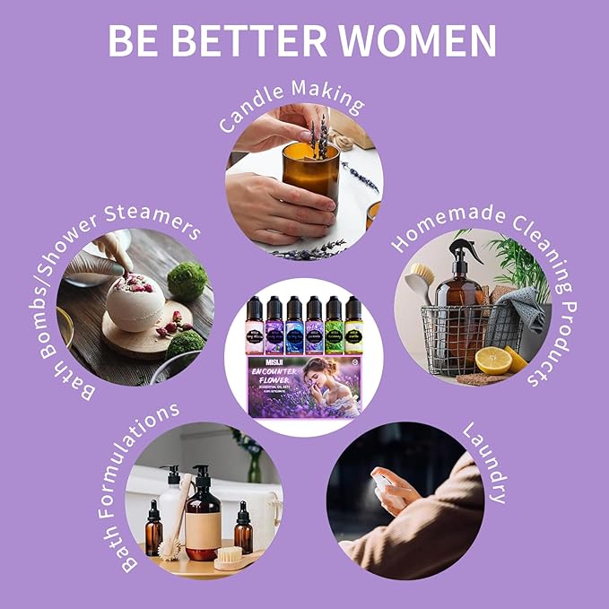 Flower Essential Oils Set for Home,Fragrance Oil Scented Oils for Diffusers-Cherry Blossom, Mystery Rose, Rosemary, Vanilla, Lavender, Luxury Violet,6x10mL