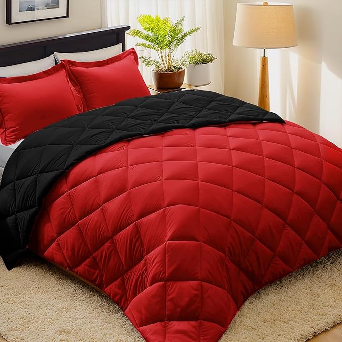 HIG 3pc Red Twin/Twin XL Comforter Set - All Season Reversible Down Alternative Comforter with Sham - Quilted Duvet Insert with Corner Tabs - Diamond Stitched Blanket - Breathable, Soft, Fluffy