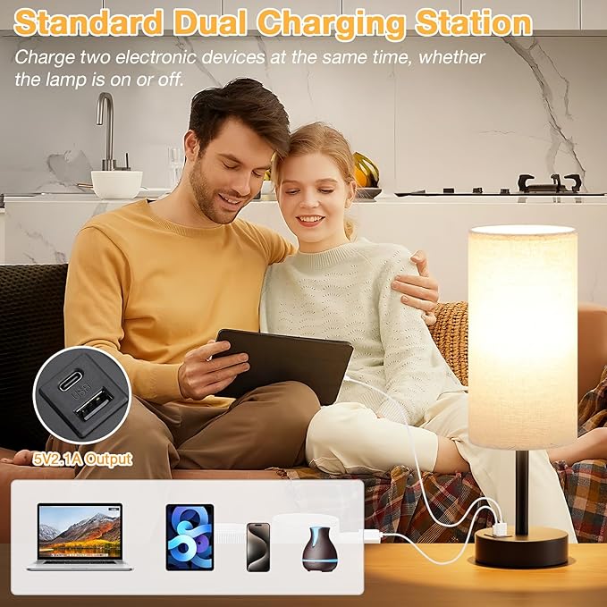 Dicoool Beige Touch Lamp for Bedroom with USB - 3 Way Dimmable Table Lamp for Nightstand, Small Lamp with Black Charging Station for Desk Dorm, Office, Nursery