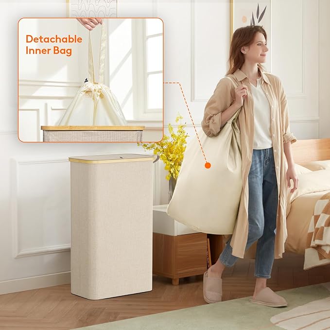 Lifewit 75L Slim Laundry Hamper with Lid, Narrow Laundry Basket with Removable Bag & Bamboo Handles, Fodable Thin Dirty Clothes Hamper for Laundry Collapsible Bin for Bathroom Bedroom Dorm, Beige