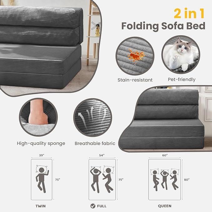 Folding Sofa Bed, Convertible Sleeper Chair with Pilow Foldable Matress, 2 in 1 Pull Out Loveseat Sofa Portable Fold Out Chair Bed Floor Couch Lounge for Living Room Bedroom (Grey, Queen)
