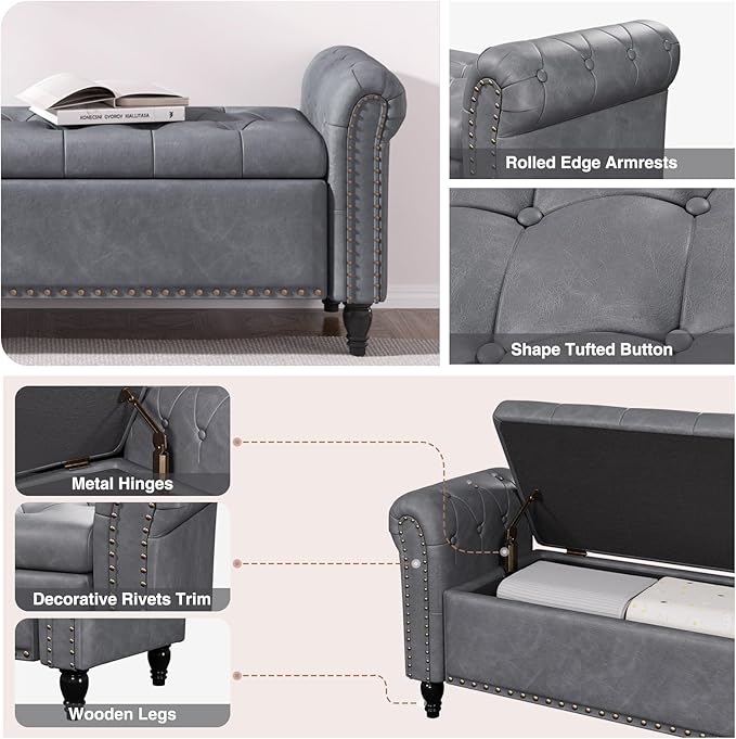 55 Inch Bedroom Bench, End of Bed Bench with Storage, Bed Benches for Foot of Bed, Faux Leather Window Bench with Rolled Arms, Upholstered Storage Bench with Tufted Button and Nailhead Trim, Gray