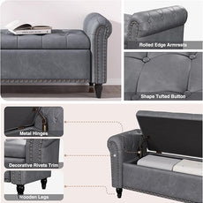 55 Inch Bedroom Bench, End of Bed Bench with Storage, Bed Benches for Foot of Bed, Faux Leather Window Bench with Rolled Arms, Upholstered Storage Bench with Tufted Button and Nailhead Trim, Gray