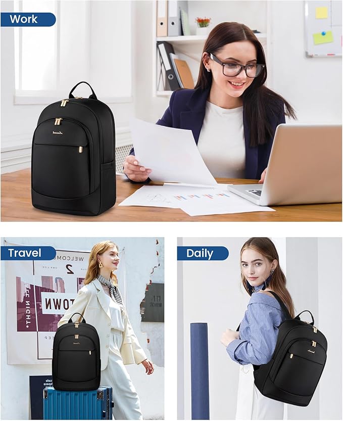 LOVEVOOK Laptop Backpack for Women, 15.6 Inch Work Backpack Purse, Large Capacity Stylish Daypack, Business Computer Bag, Travel Backpack for College, Black