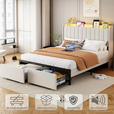 Full Size Bed Frames with Storage Headboard and 2 Drawers, Upholstered Platform Bed Frame Full with Led Lights and Handy Charging Station, No Box Spring Needed, Easy Assembly, Noise Free, Beige