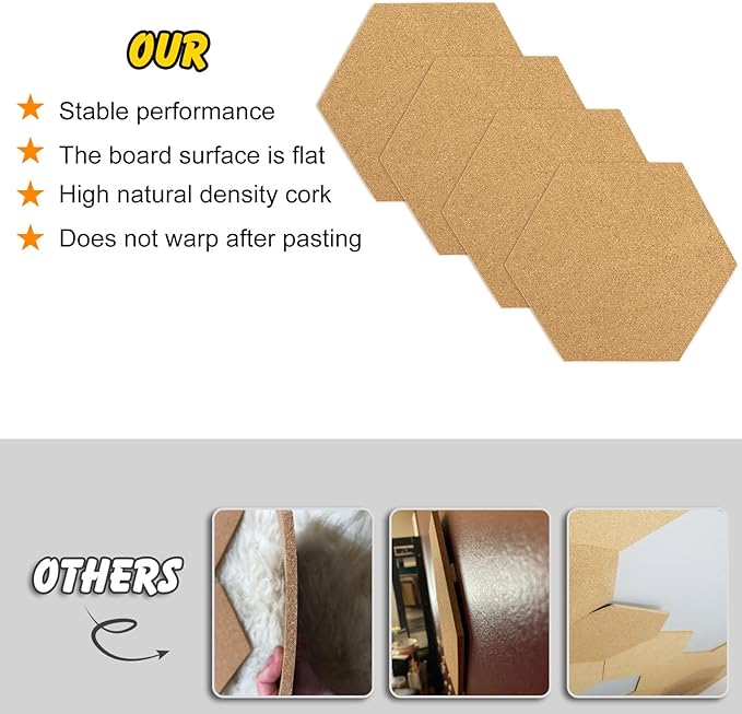 TUPARKA 4 Pack Cork Board Hexagon Bulletin Boards Cork Tiles 8.2"x7" - 1/4" Self-Adhesive Corkboards with 50 Push Pins Mini Wall for Wall Home School Office Decorative (4, 8.2''*7'')