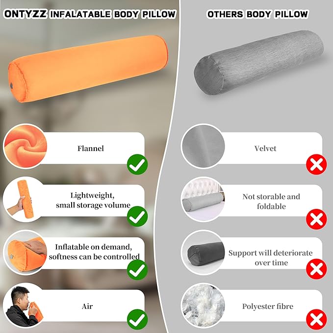 ONTYZZ Inflatable Long Body Pillow, Long Pillow for Bed, Oval Bolster Pillow for Good Sleeping and Back/Neck Support, 1pcs Orange