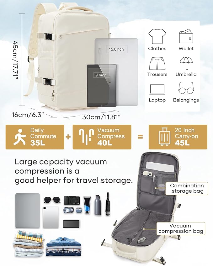 Vacuum Travel Backpack with Electric Vacpack Pump for Women, 40L Expandable Vacuum Compression Bags Personal Item Backpacks Flight Approved Traveling Carry on Suitcase Luggage, Beige