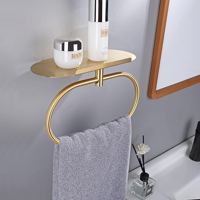 Towel Ring with Shelf, Heavy Duty Stainless Steel Bathroom Hardware, Adhesive No-Drill or Drill Mount Wall Mounted Towel Holder for Bathroom and Kitchen (Gold)