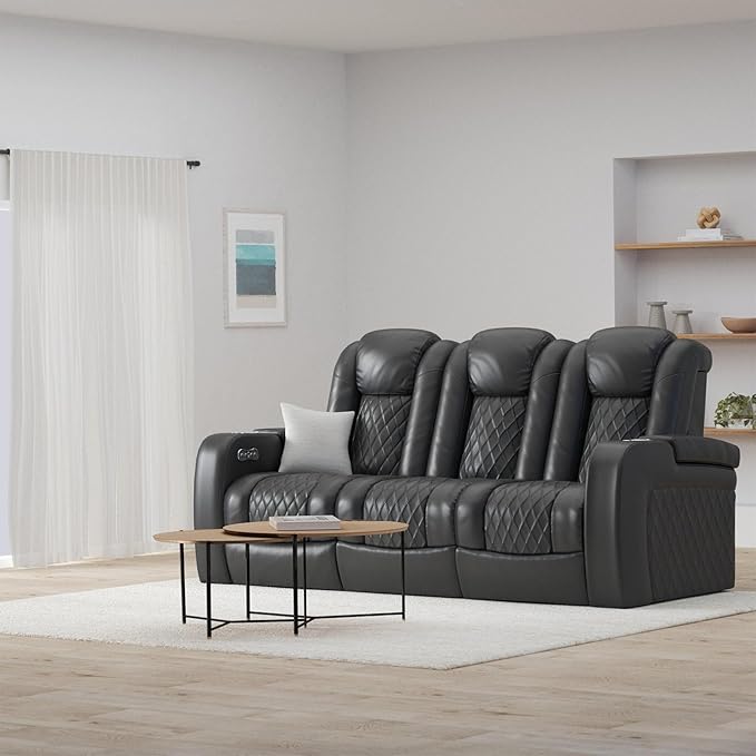 Seatcraft Anthem Home Theater Seating - Italian Leather - Power Recline Sofa - Fold-Down Table - Powered Headrests - Arm Storage - USB Charging - Cup Holders, Black