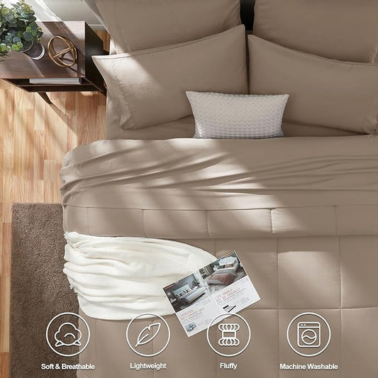 CozyLux King Size Comforter Set Khaki, 7 Pieces Bed in a Bag, Khaki Comforter King Size, All Season Bedding Sets with Stitch Quilted Comforter, Flat Sheet, Fitted Sheet, Pillowcases