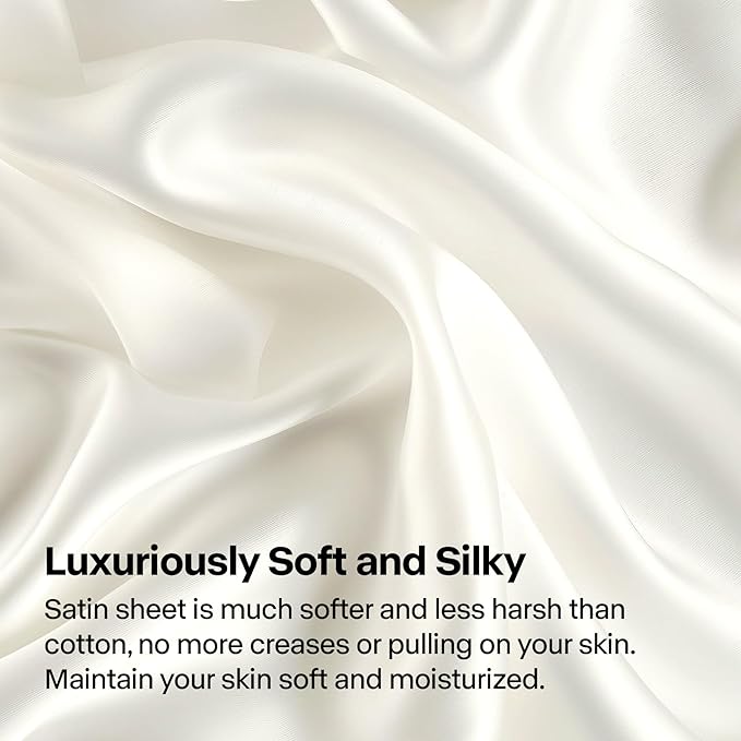 BEDELITE Satin Sheets Full Size Bed Set, Luxury Soft Ivory White Silky Sheet for Hair and Skin, Similar to Silk Bed Sheets Set 4 Pieces with 1 Deep Pocket Fitted Sheet, 1 Flat Sheet, and 2 Pillowcases