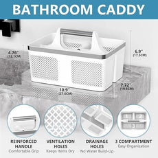 2Pack Shower Caddy Dorm: Portable Bathroom Caddy Organizer with Handle and Holes, Plastic Cleaning Caddy, Hard Shower Basket Storage Tote for Toiletry, College Dorm Room Essentials White/Silver