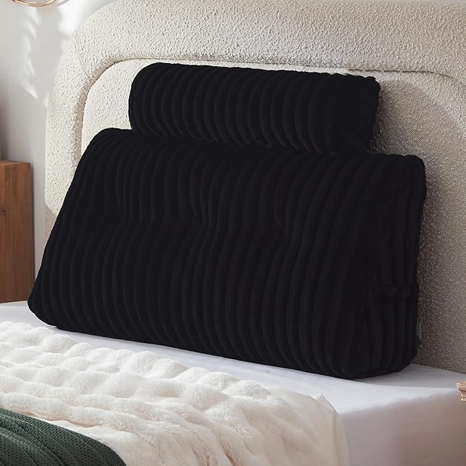 Headboard Pillow + A Long Neck Roll Pillow Body Pillow，Faux Fur Headboard Wedge Pillow with Removable Cover (Black, Twin：39x8x20 inches)