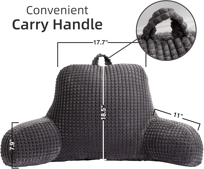 A Nice Night Reading Pillow Bed Wedge Large Adult Children Backrest with Arms Back Support for Sitting Up in Bed/Couch for Lounging Bedrest,Waffle Stereoscopic Design,Darkgrey