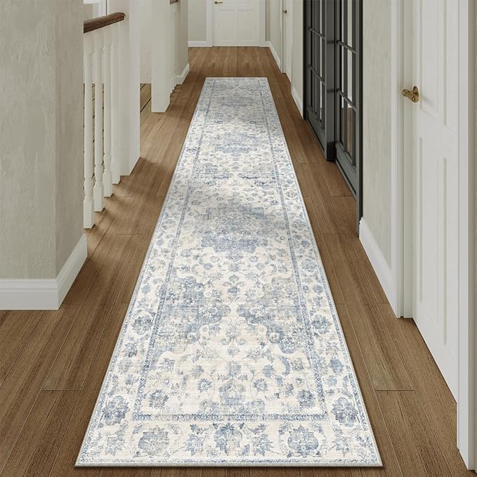 2x12 Washable Neutral Runner Rug Blue Vintage Hallway Kitchen Carpet Non-Slip Soft Low Pile Floral Throw Rug for Bedroom Bathroom Laundry Living Room