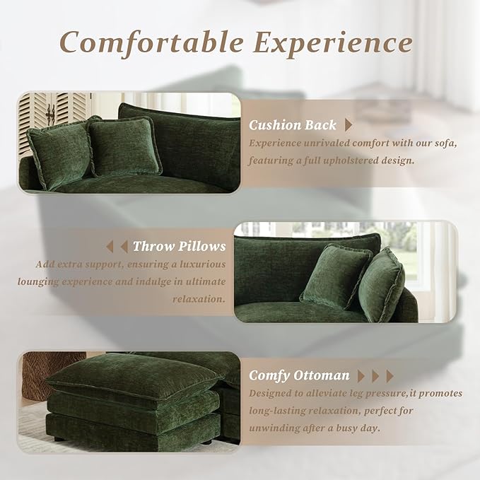 SoarFlash Chenille Sectional Sofa, Comfy L Shaped Modular Coush Sofa with Ottoman, Modern 4 Seat Couch Deep Seat Sofa Set for Living Room,Green