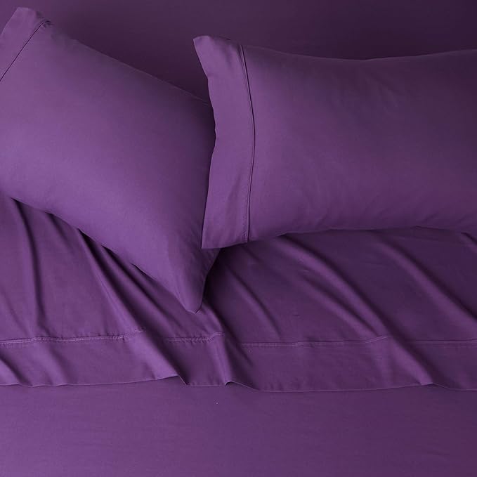 Amazon Basics Lightweight Super Soft Easy Care Microfiber 4 Piece Bed Sheets Set with 14-Inch Deep Pockets, Full, Plum, Solid AmazonBasics
