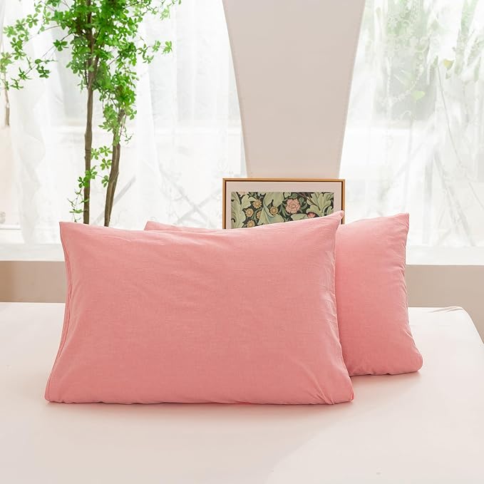 ECOCOTT Pink Duvet Cover Queen Size - Linen Feel Organic Natural 100% Washed Cotton, Soft Breathable 3 Pieces Bedding Set with Zipper Closure
