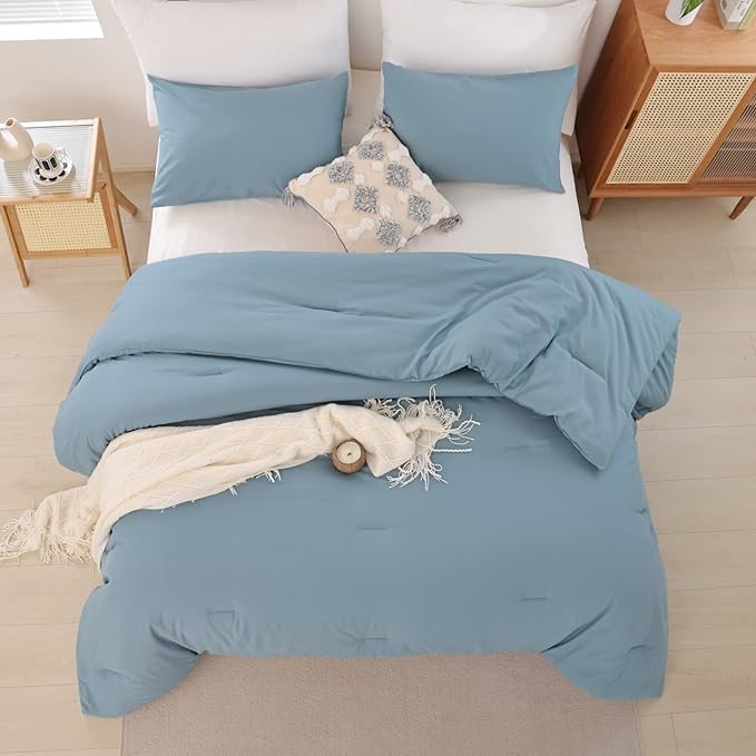 ROSGONIA California King Comforter Set Dusty Blue, 3pcs (1 Boho Cal King Comforter & 2 Pillowcases), All Season Bedding Bedspread Blanket Quilt