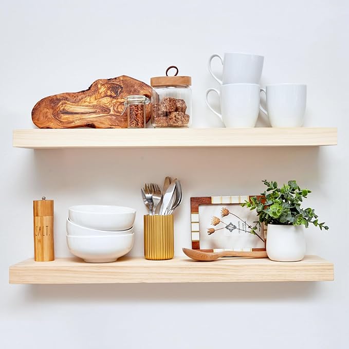 Homeforia 30 inch Natural Floating Shelf, High End Solid Real Wood 30inch Small Floating Shelves for Wall Mounted, Natural Wooden Floating Shelves, Heavy Duty Bracket, 30 X 6.5 X 1.75 in, Set of 4