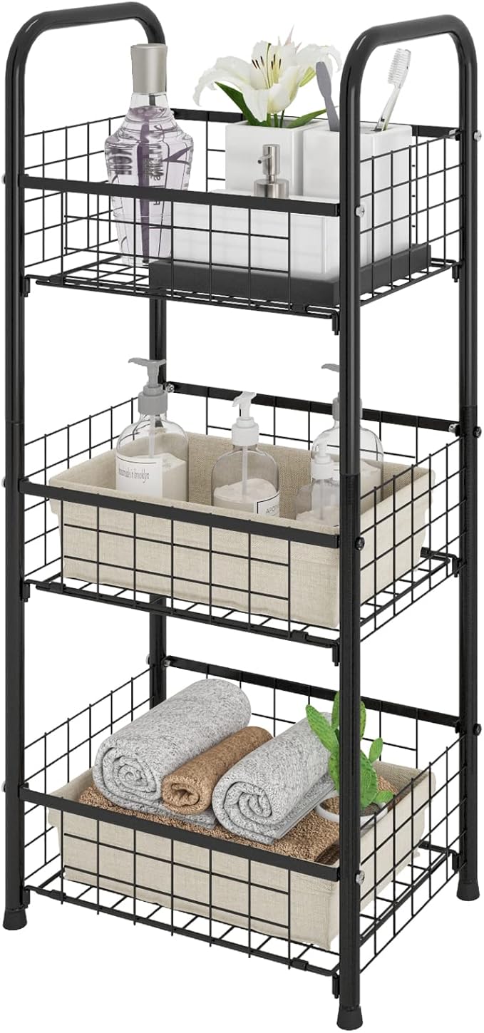 3-Tier FreeStanding Open Shelf,Bathroom Organizer Shelves Unit with Adjustable Feet, Metal Steel Storage Tower Organizer Rack Basket Cart for Bathroom, Living Room, Balcony, Kitchen