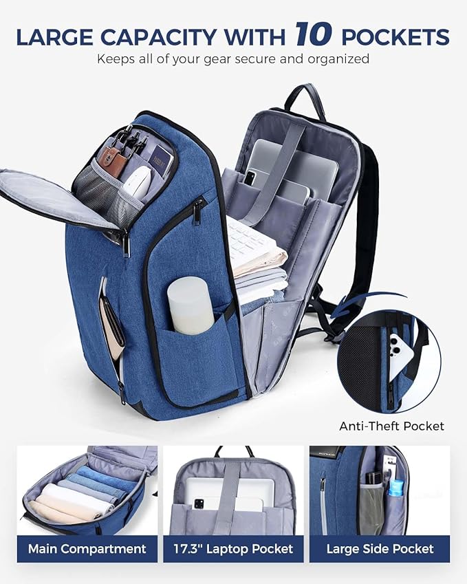 17 Inch Laptop Backpack for Men, Business Travel Anti-Theft Backpack with USB Charging Port, Water Resistant Computer Bag Carry On Flight Approved for Work College Weekender, Light Blue