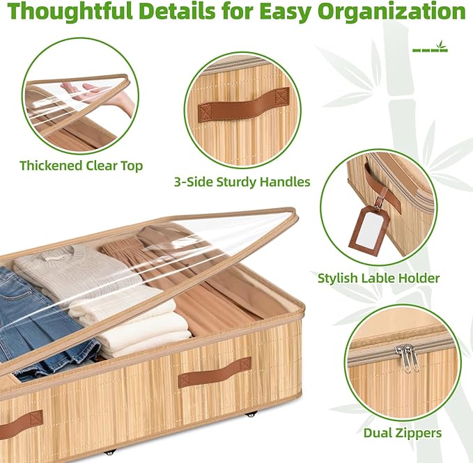 Livole 3 Pack Bamboo Under Bed Storage with Wheels, 6 inches Underbed Storage Containers, 56L XXL Rolling Under Bed Storage Bins with Clear Lid & Label for Clothes, Blankets, Sweater, Shoes