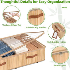 Livole 2 Pack Bamboo Under Bed Storage with Wheels, 6 inches Underbed Storage Containers, 56L XXL Rolling Under Bed Storage Bins with Clear Lid & Label for Clothes, Blankets, Sweater, Shoes