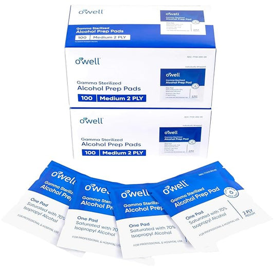 OWELL Prep Pads - 200 Individually Wrapped Sterile Alcohol Wipes, Medium 2-Ply Antiseptic Wipes for Disinfecting Skin, First Aid Kit Alcohol Swabs (2 Packs of 100 Count)