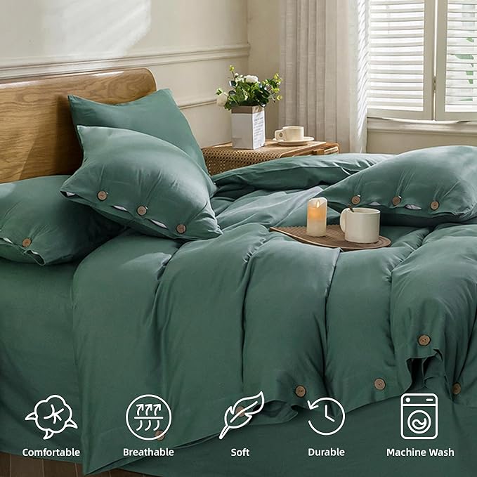 JELLYMONI Cotton Duvet Cover Twin Size - Dark Green Comforter Cover with Button 100% Washed Cotton 2PCS Breathable Soft Solid Bedding Set Duvet Cover 68×90in & 1 Pillowcase (NO Comforter)
