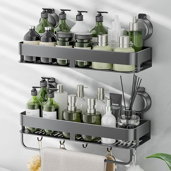 ONXE Shower Caddy Suction Cup,2 Pack Extra-Strong Suction Shower Shelves,No Drilling Rustproof Organizer for Bathroom,Kitchen,Home Decor,Reusable Bathroom Storage with Large Capacity(15.7 inch)