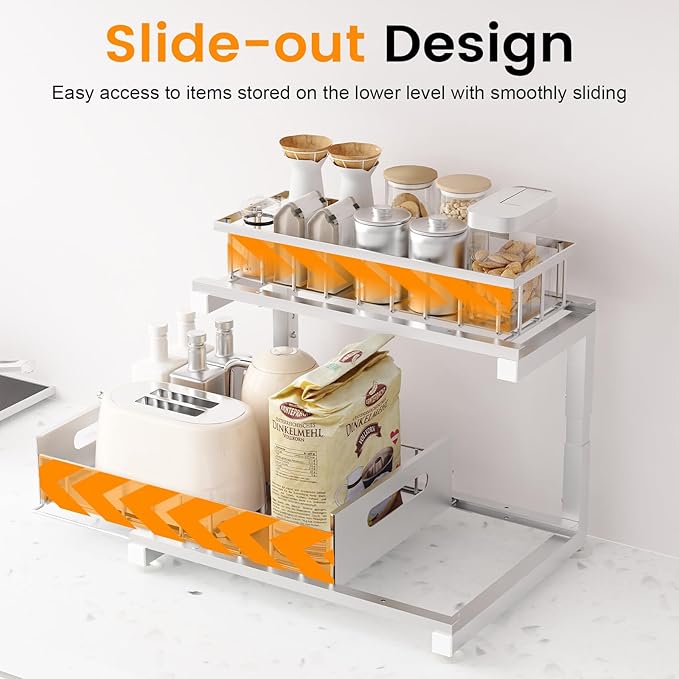 Under Sink Organizer Storage Heavy Duty Metal Slide Out Sink Shelf Organizer Height Adjustable, Multi-Purpose Storage Shelf for Kitchen Bathroom (Silver,1Pack)