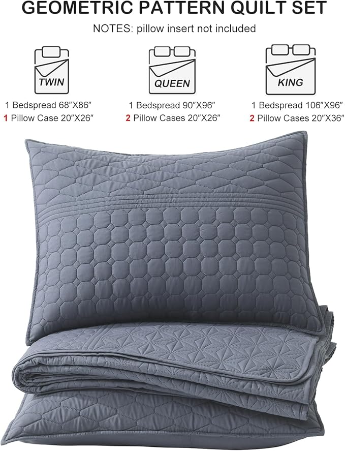 HORIMOTE HOME Steel Blue Queen Size Quilt Set - Soft Microfiber Bedspread with 2 Shams, Lightweight & All-Season Geometric Coverlet for Cozy Bedding
