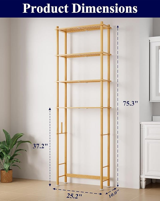 Kitsure Over The Toilet Shelf - 4-Tier Bamboo Bathroom Organizers and Storage with Paper Holder, Over Toilet Bathroom Organizer with Wall Anchor for Balcony, Laundry, Natural, 4 Tiers (75.3" H)