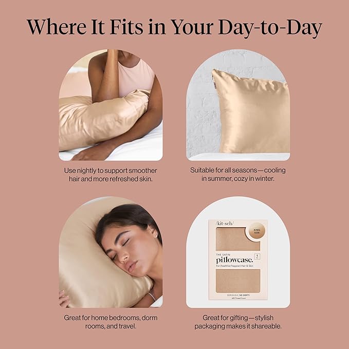 Kitsch Satin Pillowcase, Softer Than Silk Pillow Cases King, Cooling Pillow Covers, Satin Pillowcase with Zipper for Hair, Skin & Quality Sleep, Wrinkle-Free & Smooth, King Size 19"x36", Champagne