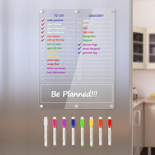 Acrylic Grocery List Magnet Pad for Fridge, Reusable to Do List for Refrigerator, Clear Notepad Note Planning Board, Shopping List, Reminders, w/ 8 Colors Markers, 15"x11"