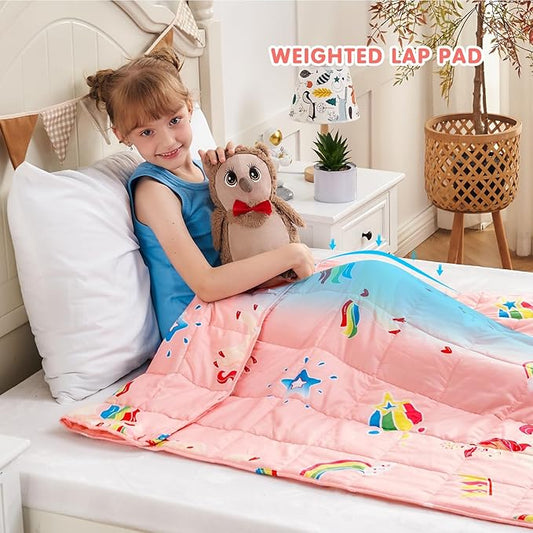 yescool Unicorn Weighted Blanket 10 Pounds Cooling Weighted Lap Blanket, Pink Rainbow Heavy Blanket, Breathable Weighted Throw Blanket Gift for 80-110lbs, 40"x60"