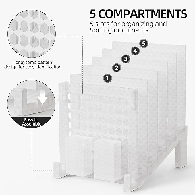 File Organizer for Desk with Storage Box & Hook, Inclined Desk File Organizer with 5-Section Vertical File Holder suitable for Home Office Document Organization (Ice Crystal