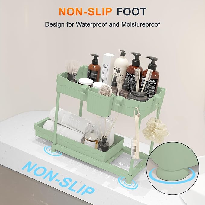 Under Sink Organizer, Bathroom Organizers and Storage, 2 Tier Multi-Use Pull Out Cabinet Organizer with Hang Hooks and Cups (Green, 4 Pack)