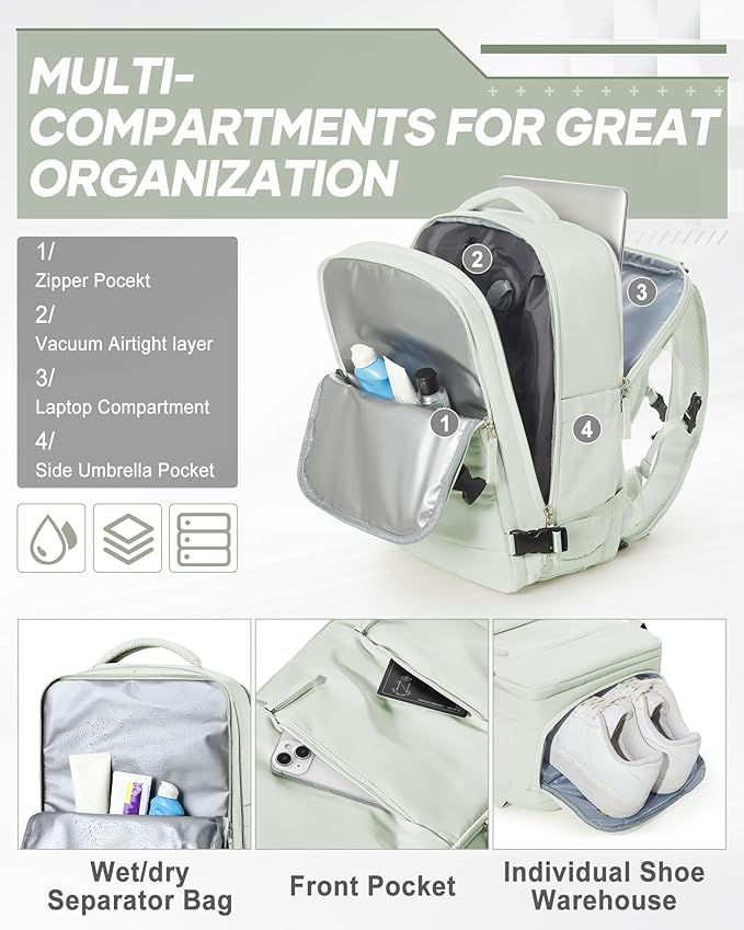 Vacuum Backpack Travel with Electric Vacpack Pump, Vacuum Compression Bags Travel Backpack for Women Men, Flight Approved Waterproof Carry on Backpacks Laptop Weekender Daypack, Large, Light Green