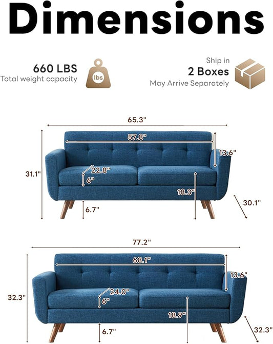 Tbfit Mid Century Modern Sofa Couch, Blue, Loveseat & Standard Sofa