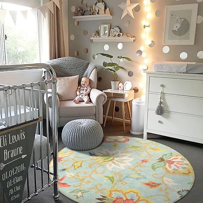 Lahome Collection Modern Floral Round Rug - 4' Diameter Non-Slip Distressed Area Rug Small Accent Throw Rugs Floor Carpet for Door Mat Entryway Bedrooms Laundry Room Decor (4 ft, Paisley)