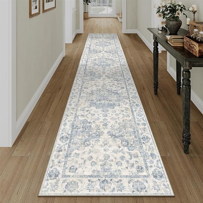 2x12 Washable Neutral Runner Rug Blue Vintage Hallway Kitchen Carpet Non-Slip Soft Low Pile Floral Throw Rug for Bedroom Bathroom Laundry Living Room