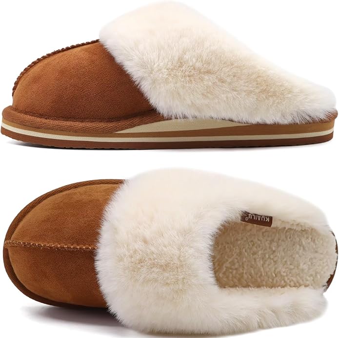 KuaiLu Womens Fluff Dual Memory Foam Slippers Ladies Cozy Arch Support Warm Scuff Slippers Slip on Comfy Winter House Shoes with Non-Slip Indoor Outdoor Hard Sole