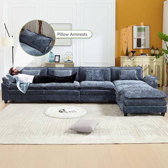 154" Modular Sectional Sofa, Comfy Cloud Couch Sectional Sofa with Ottoman, Chenille Sofa Sleeper Deep Seat Sofa with Throw Pillows for Living Room (Blue, 154"- U Shape)