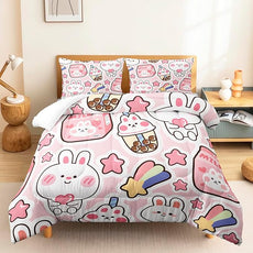 Fiico Kawaii Rabbit Bedding Set, Twin/Full/Queen Size, 3 Pieces, U1 Color, Microfiber, Cartoon Pattern, Kids Room Decor
