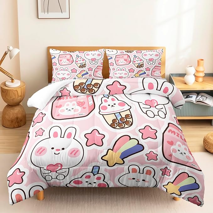 Fiico Kawaii Rabbit Bedding Set, Twin/Full/Queen Size, 3 Pieces, U1 Color, Microfiber, Cartoon Pattern, Kids Room Decor