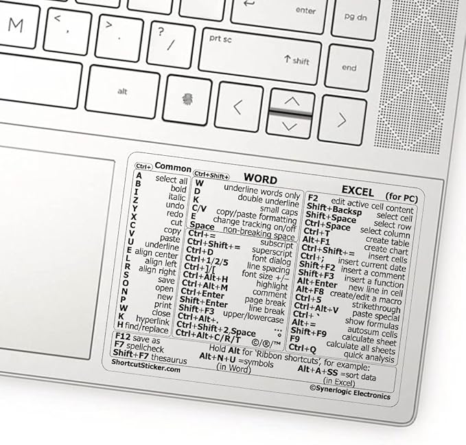 Synerlogic Word/Excel Windows Shortcut Sticker | Reference Guide Keyboard Shortcuts | Work from Home Essentials | Excel Shortcuts Cheat Sheet Laminated Vinyl (Clear/Small)